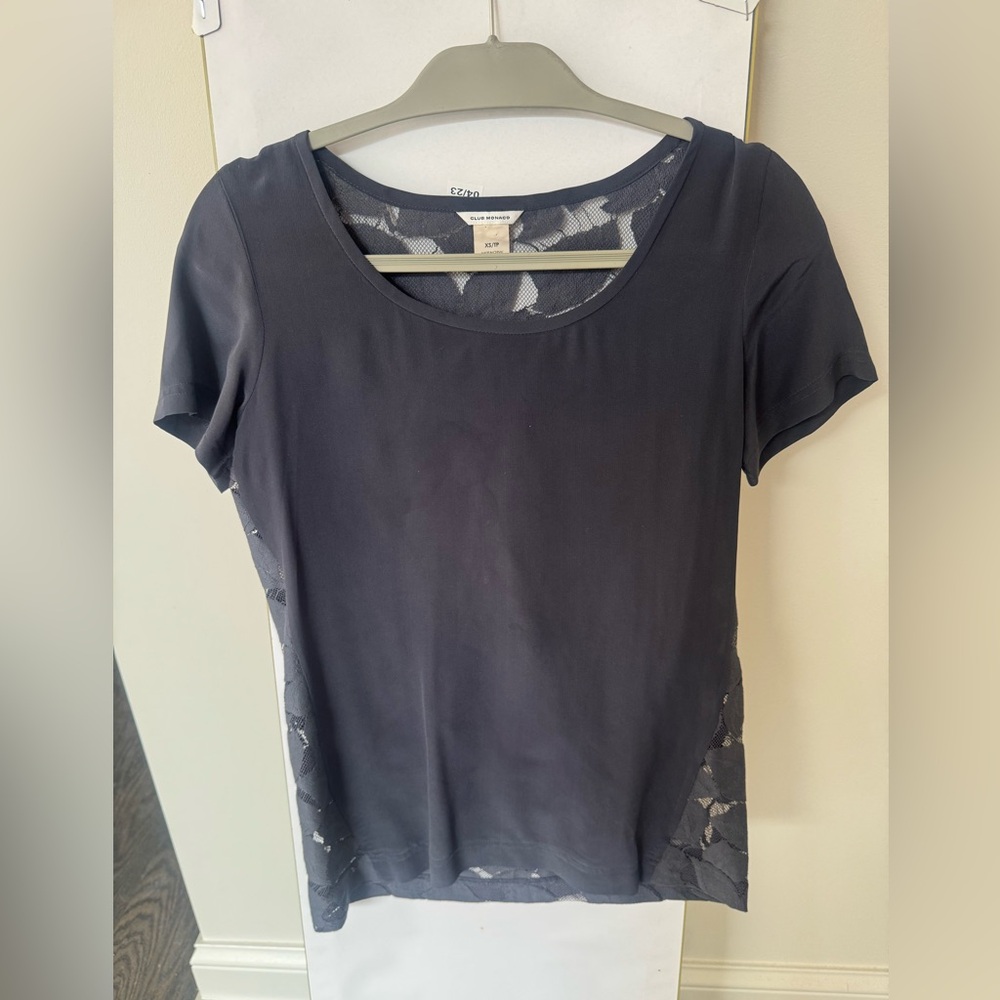 Club Monaco Black Short Sleeve Silk Top with Lace Details
